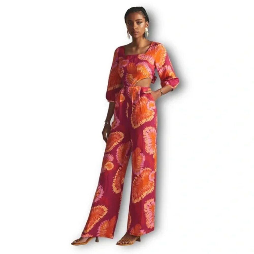 FARM Rio x Anthropologie Tie-Back Cutout wide leg linen blend Jumpsuit Tie dye M - Picture 5 of 7